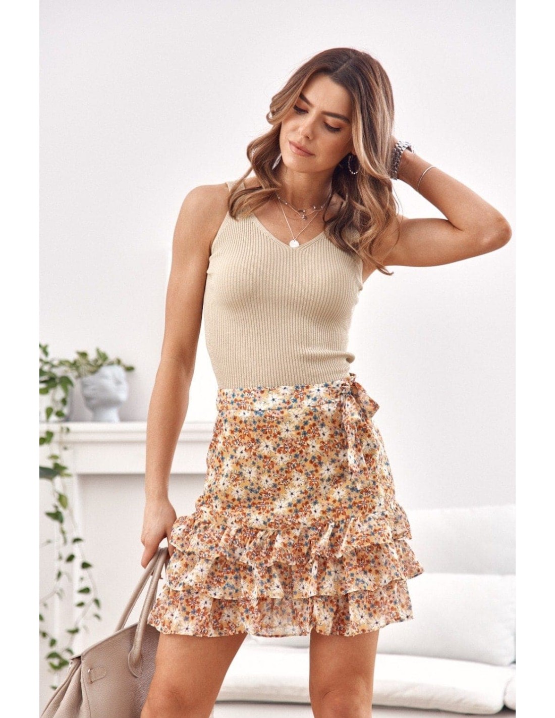 Floral skirt with a tie on the side, yellow MP803880 - Online store - Boutique